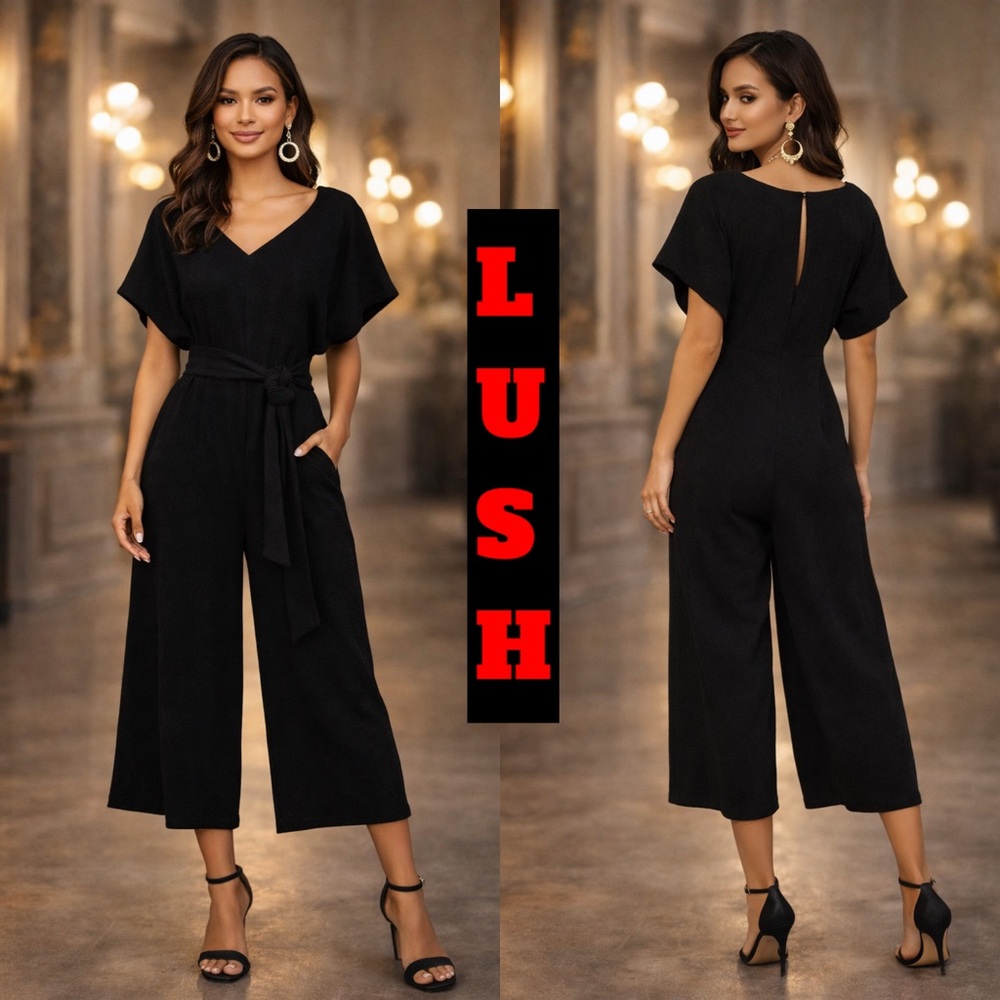 LUSH Brand Flattering and Stretchy Wide Belt Cropped Flutter Sleeve Jumpsuit